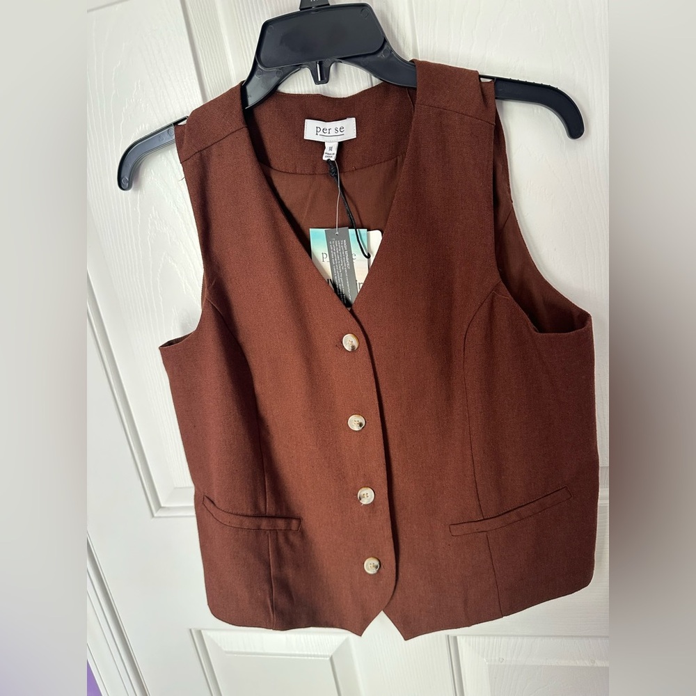 Per Se Women's Linen Rust Brown Button-Front Vest